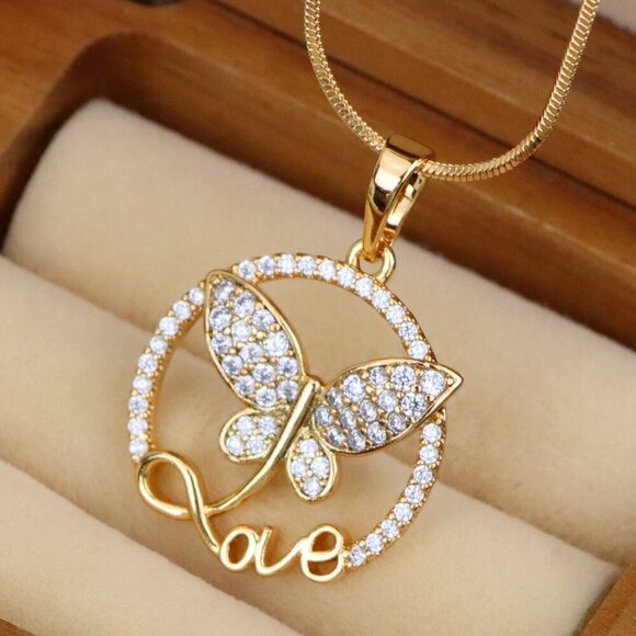 "Rose Gold Butterfly Pendant with Crystals and 'Love' Design, XPPT1478 - Picture 1 of 13